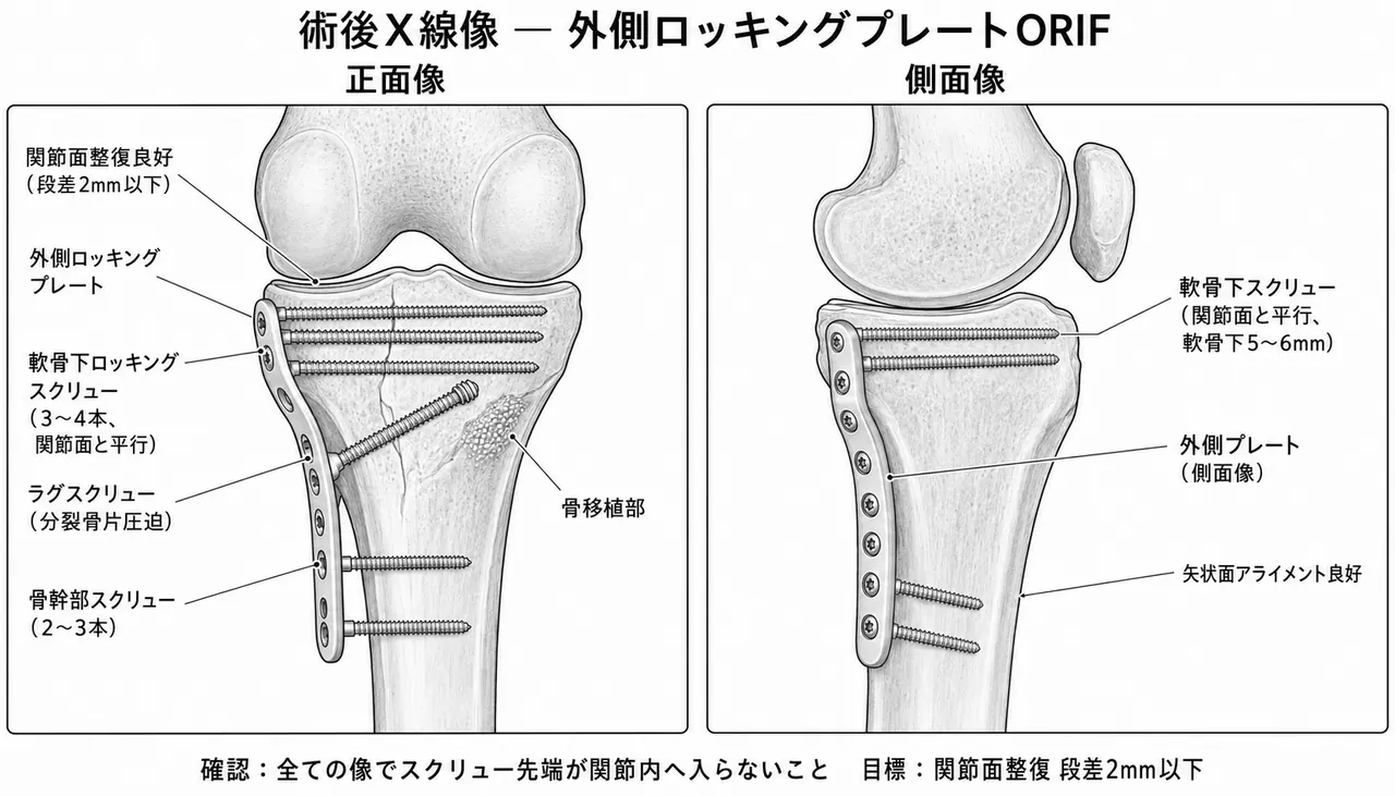 術後X線像（AP/側面）— 外側ロッキングプレート固定・陥没挙上・骨充填後。関節面整復位確認