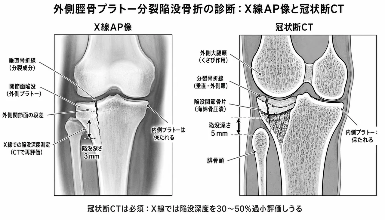 X線正面像（外側プラトーにsplit骨折線と関節面陥没）＋CT冠状断（陥没の深さ・範囲を計測）