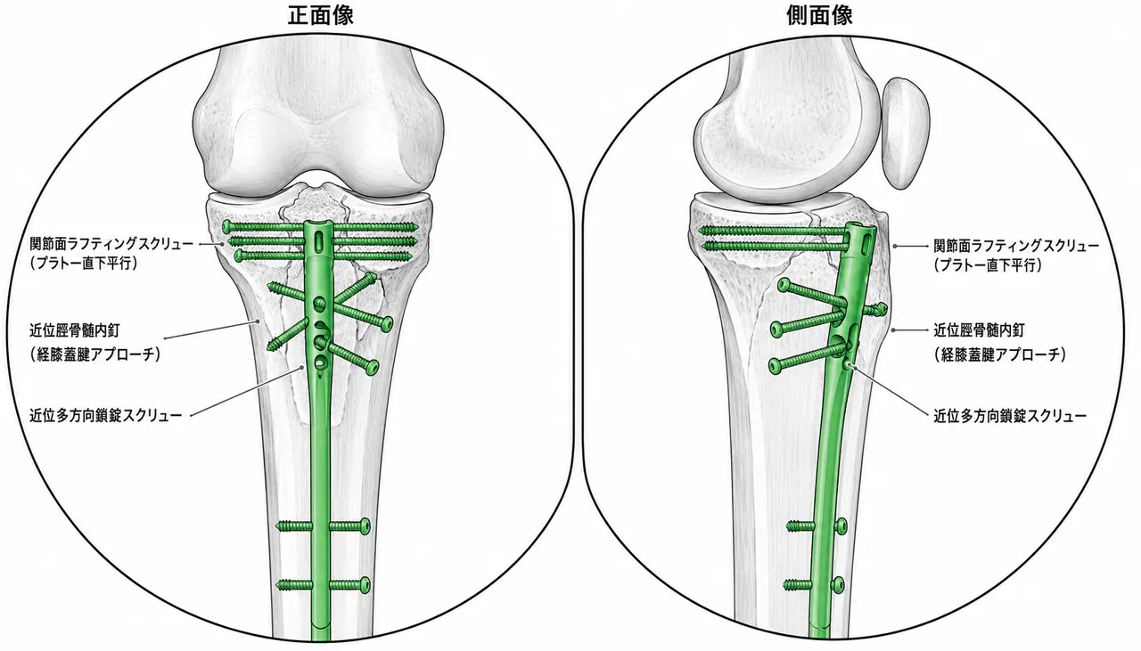 近位脛骨髄内釘の刺入点・近位鎖錠スクリュー配置・関節面ラフティングスクリューとの組み合わせ（術中透視）
