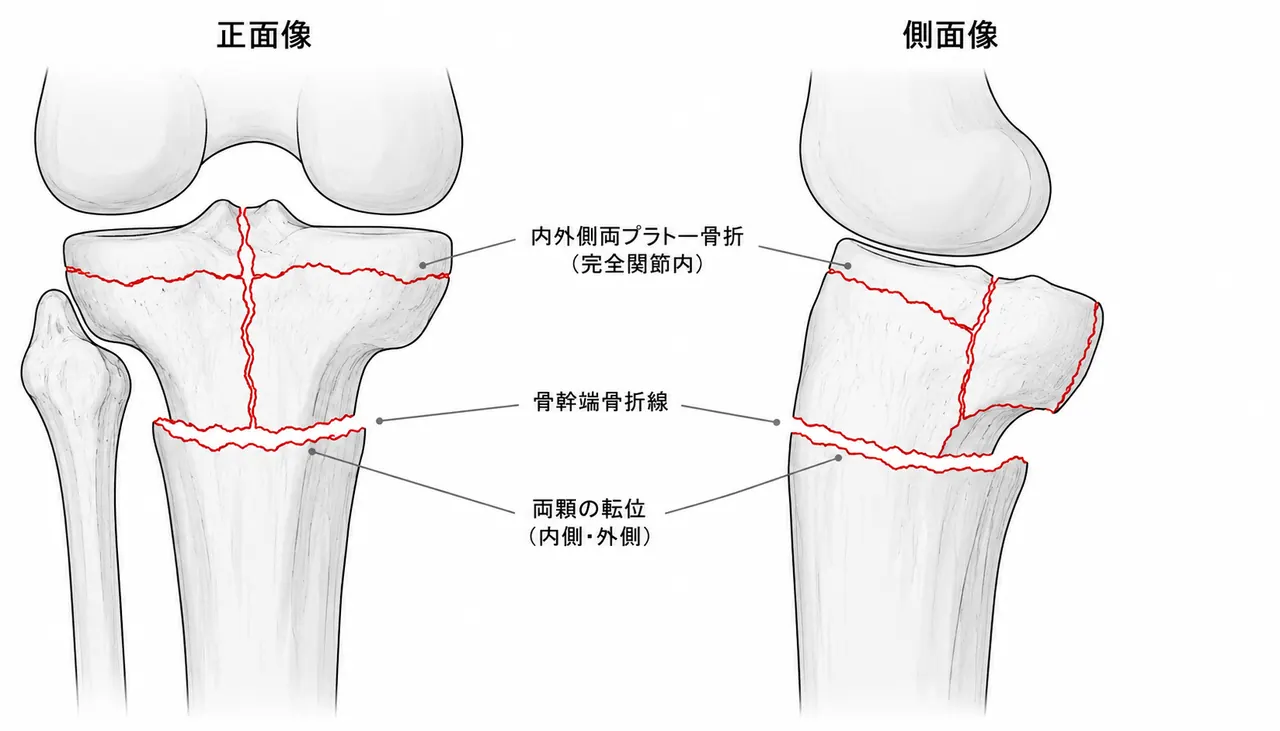 術前X線正面像（内外側両プラトーへの骨折線・関節面転位）と側面像（後方関節面・骨幹端骨折の評価）