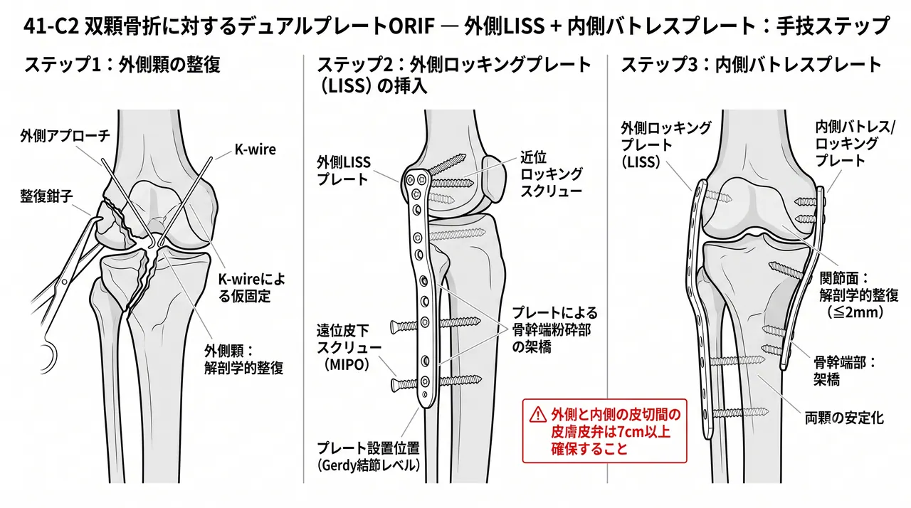 Dual-plate ORIF手技 — 外側ロッキングプレート＋内側支持プレートによる両顆固定（骨幹端粉砕部への対応）