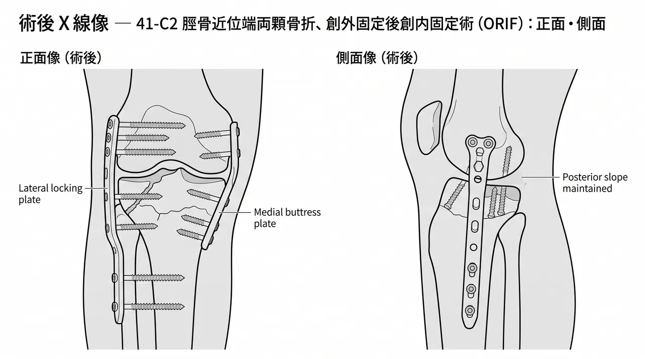 術後X線（AP・側面）— Dual-plate固定。両顆の解剖整復・骨幹端粉砕部の架橋固定・アライメント正常