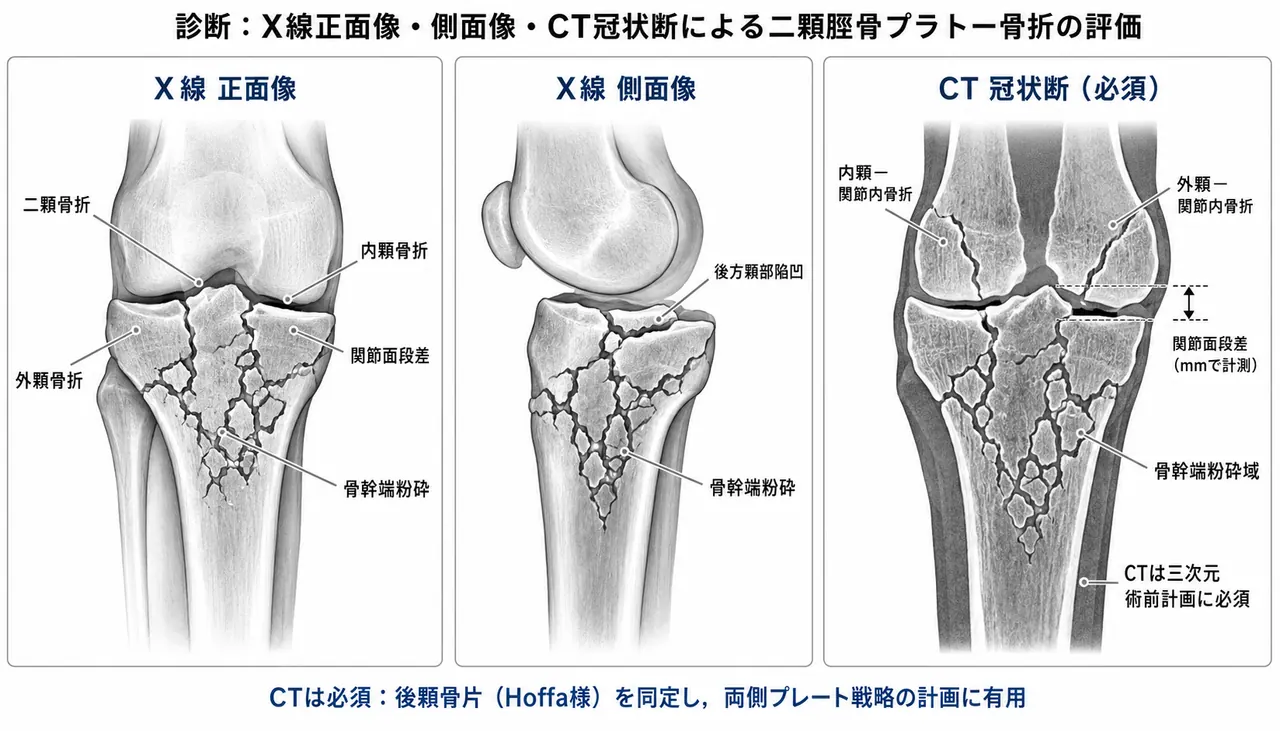 X線AP像・側面像（両顆骨折線・骨幹端粉砕）＋CT冠状断・矢状断（関節面転位の程度）