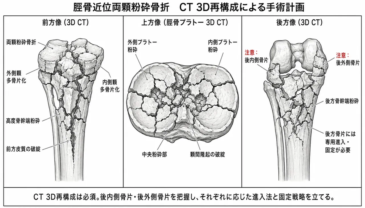 CT 3D再構成（骨折全体像・後方骨片・術前プランニング）— 前面・上面（プラトー上面）・後面の3方向