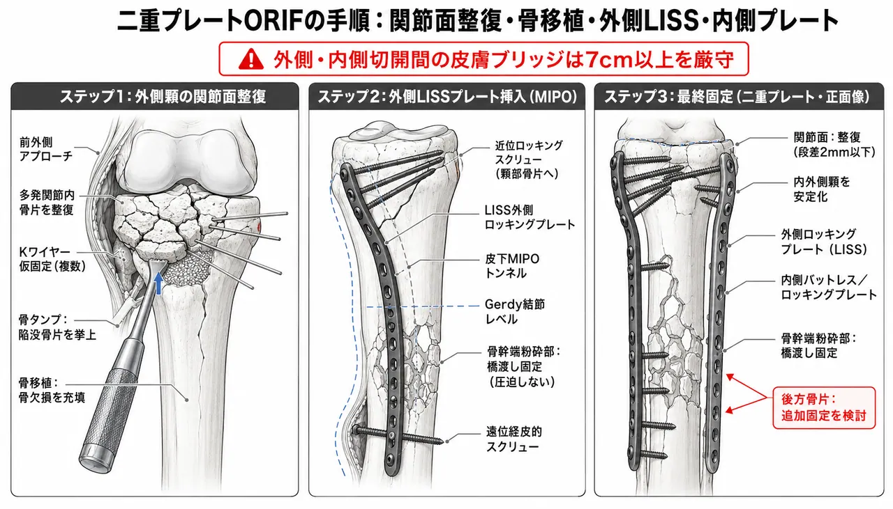 Dual-plate ORIF手技（3パネル）— 外側関節切開・関節面整復・LISS外側ロッキングプレート＋内側支持プレート設置