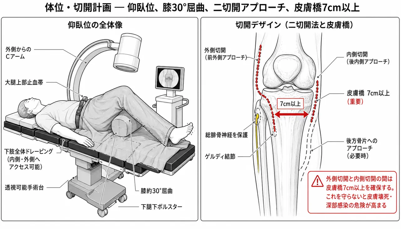 手術体位（仰臥位・膝30°屈曲・外側＋内側双方アクセス可能・段階的手術計画）