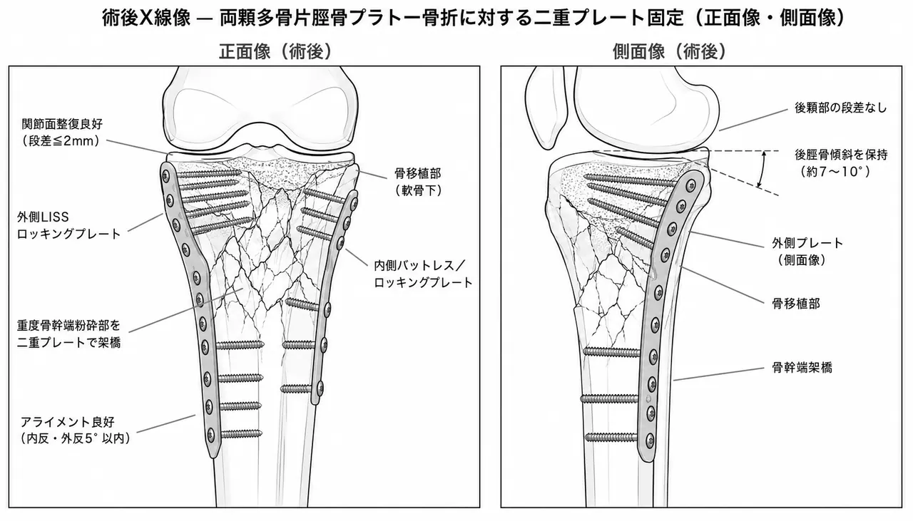 術後X線（AP・側面）— Dual-plate固定。両顆の関節面整復（≦2mm）・骨幹端粉砕部架橋固定・アライメント正常