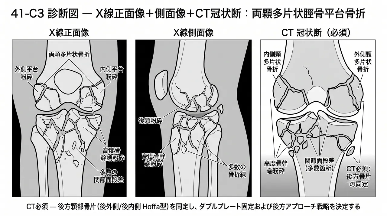 X線AP像・側面像（両顆骨折線・骨幹端粉砕・関節面転位）＋CT冠状断・矢状断（粉砕関節面と後方骨片の評価）