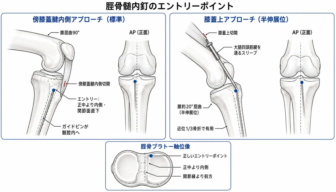 エントリーポイント — 膝蓋腱内側傍（Parapatellar Medial）vs 膝蓋骨上（Suprapatellar）エントリー