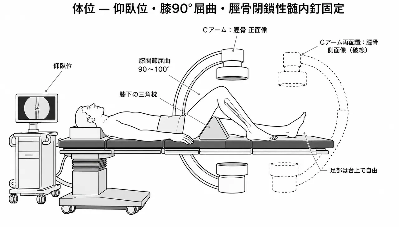 手術体位 — 仰臥位（膝屈曲位）または牽引台使用