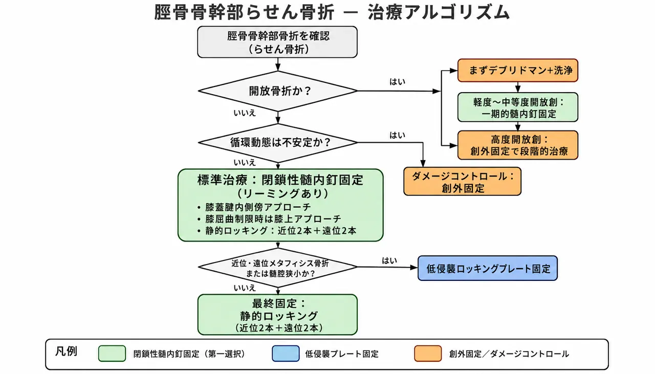 治療選択アルゴリズム — 閉鎖性IM釘（第一選択）→ プレート/MIPO → 創外固定