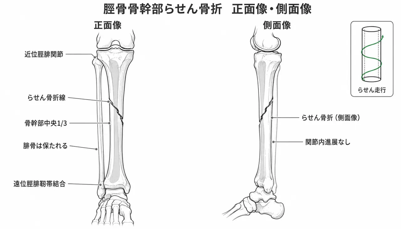 X線正面像・側面像 — 脛骨骨幹部螺旋骨折パターン（中央1/3）