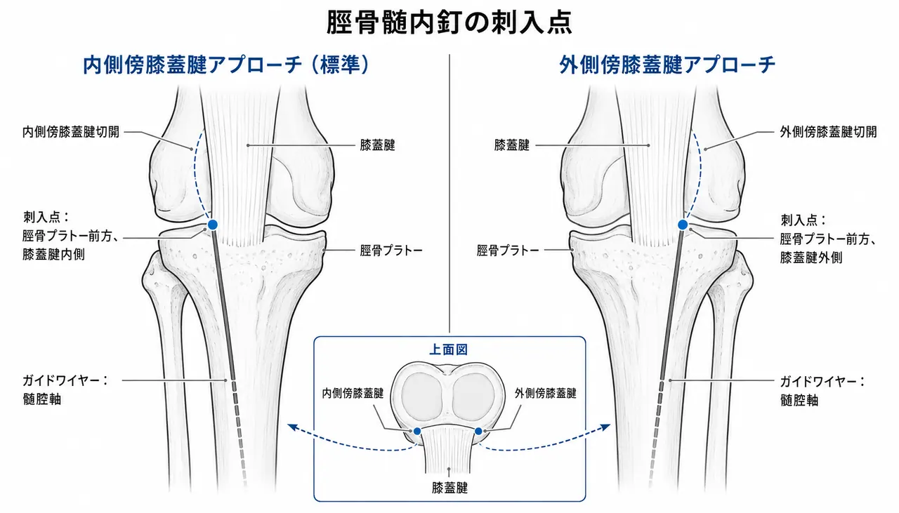 エントリーポイント — 膝蓋腱内側・膝蓋腱外側アプローチ比較