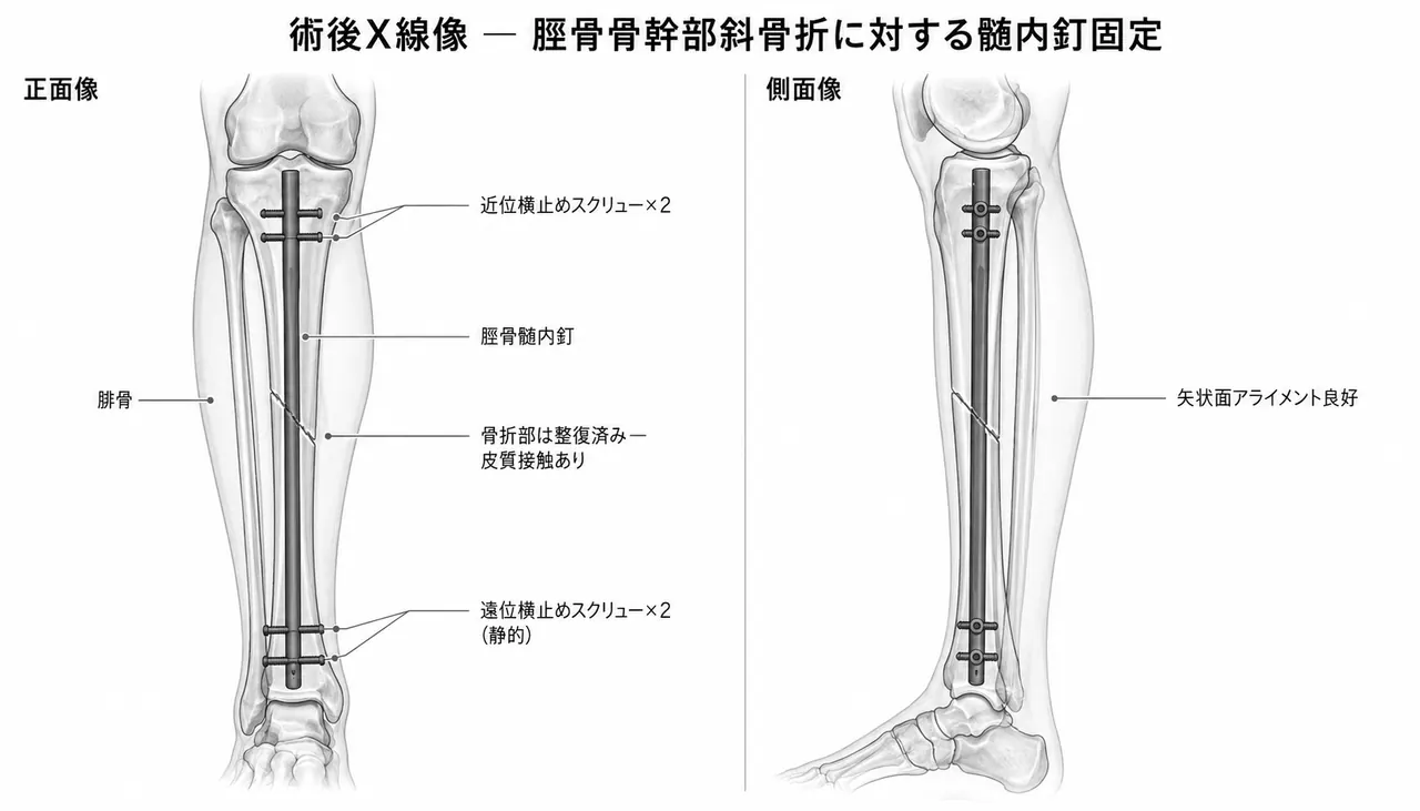 術後X線像（正面/側面）— 脛骨髄内釘＋静的ロッキング（遠位2本・近位2本）