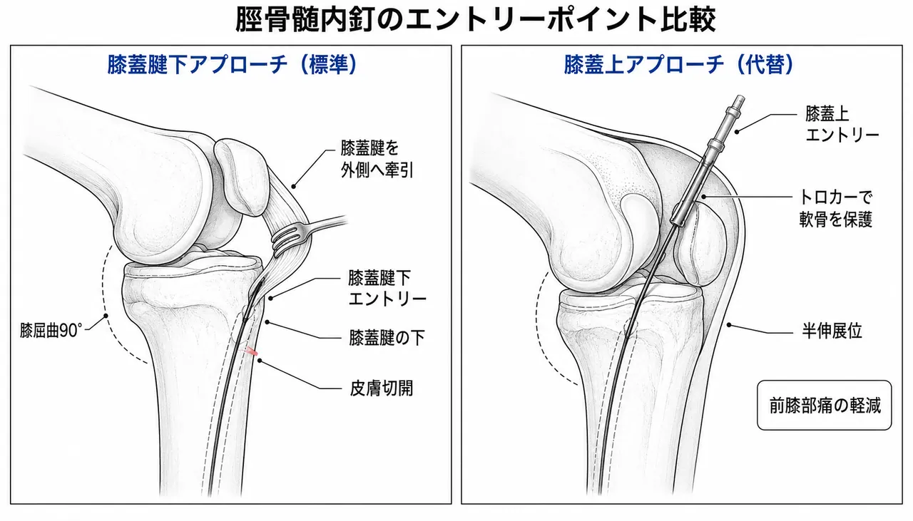 エントリーポイント — 膝蓋腱下アプローチ（標準）vs 膝蓋骨上アプローチ（比較）