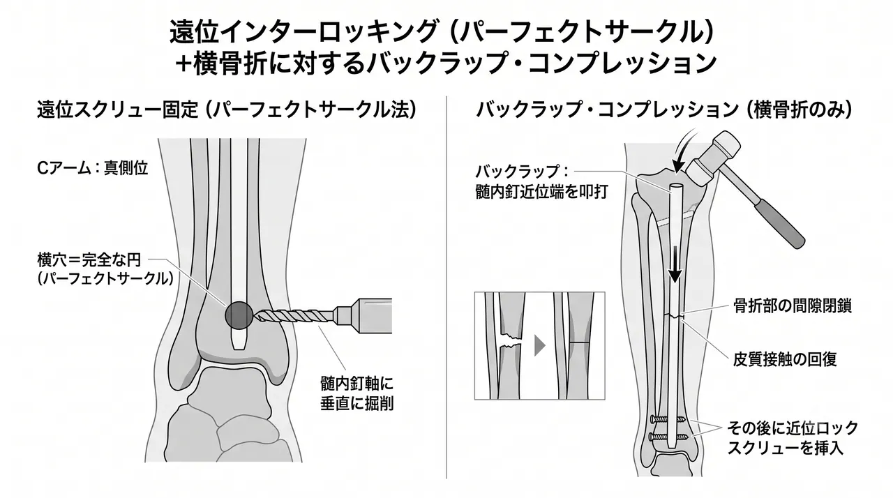 遠位ロッキングスクリュー（perfect circle法）＋横骨折への骨折端圧迫（Back-slap）