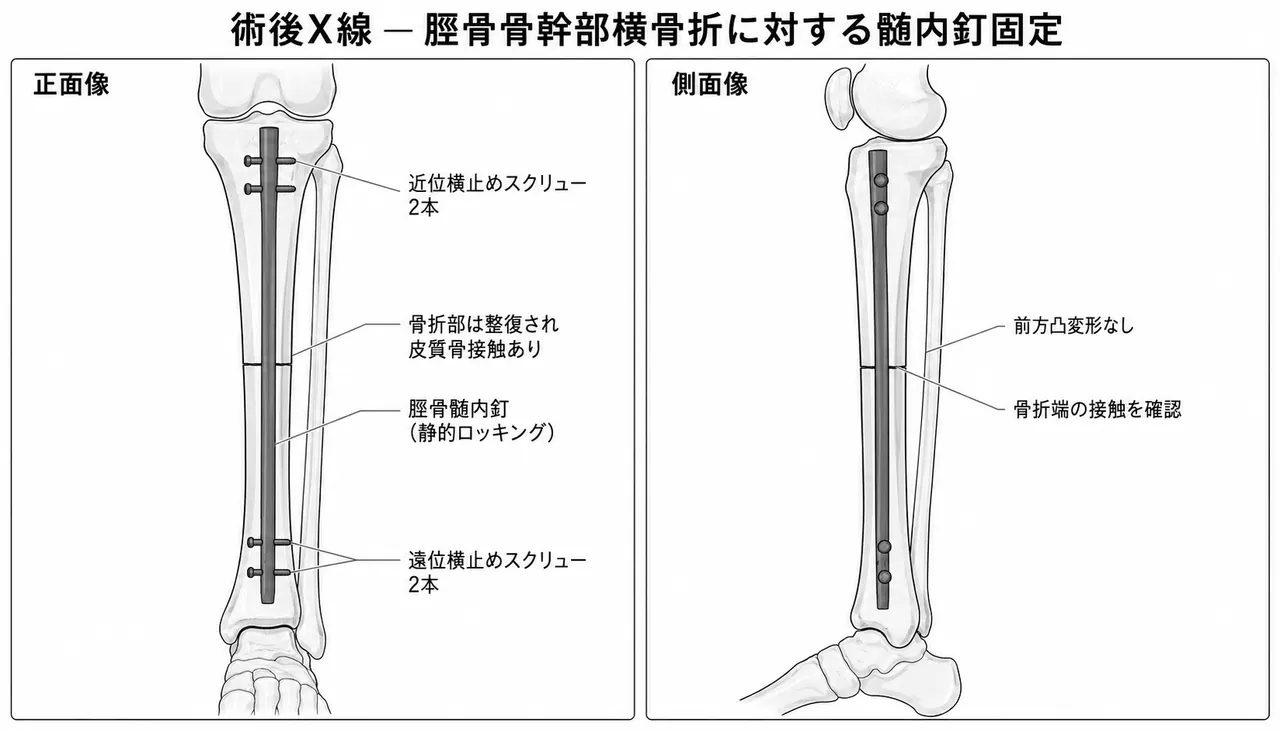 術後X線像（正面/側面）— 脛骨髄内釘＋静的ロッキング（遠位2本・近位2本）