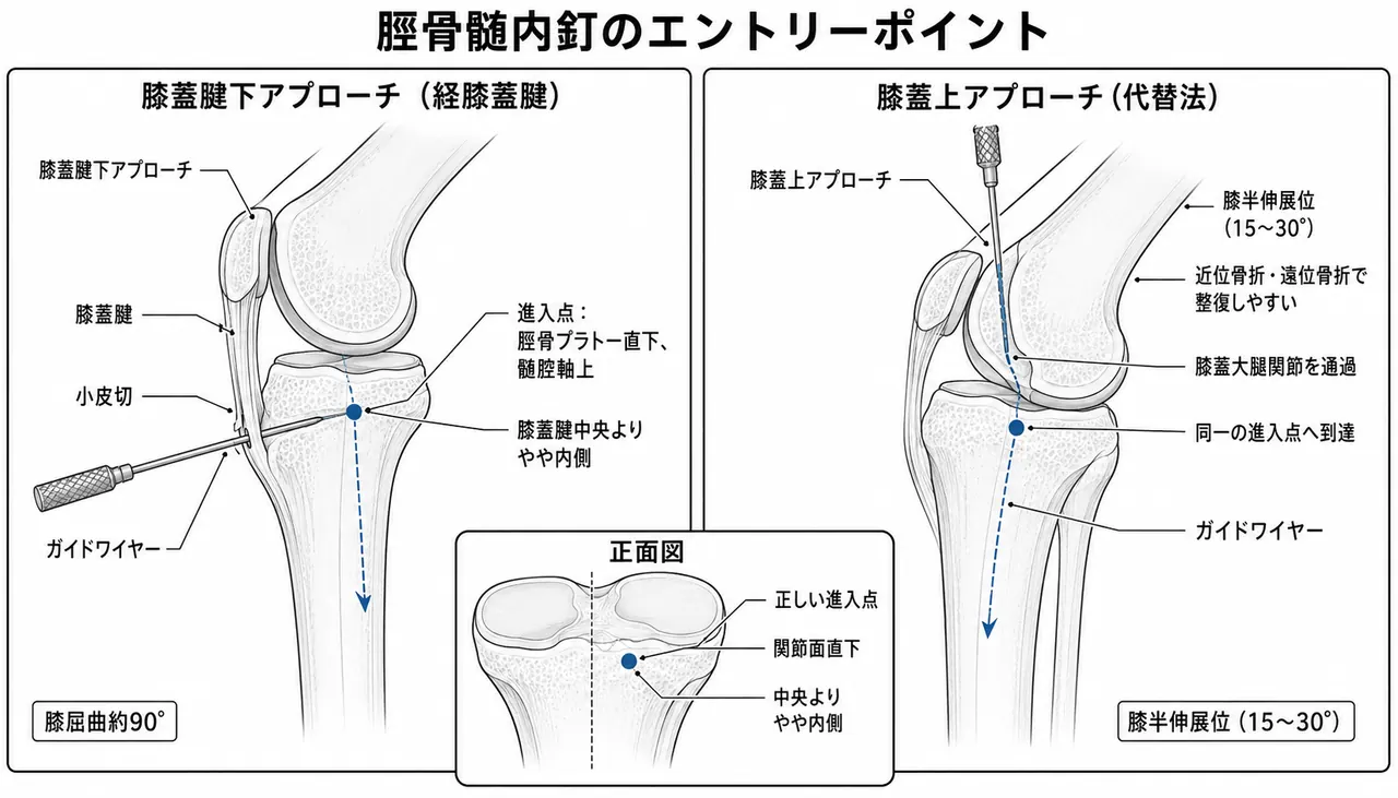 エントリーポイント — 膝蓋腱内側アプローチ（正中・傍膝蓋腱）