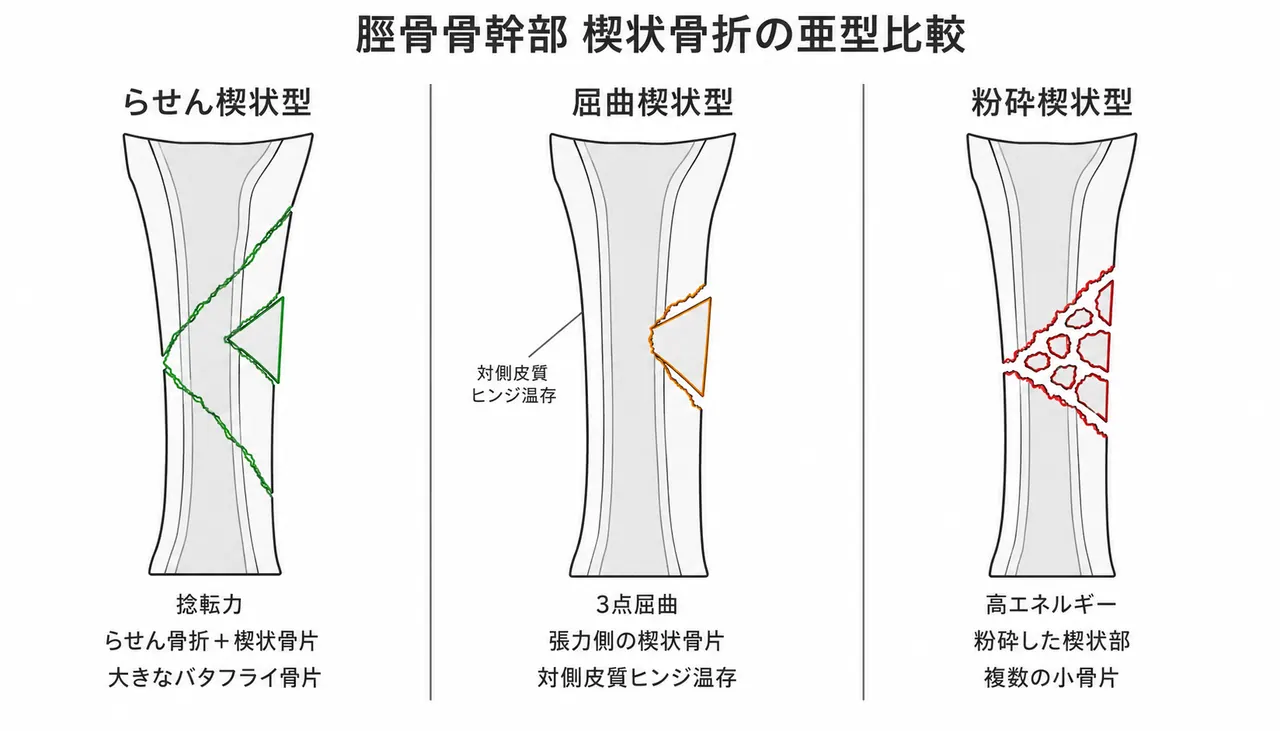 骨折パターン比較 — 42-B1（螺旋楔型）vs 42-B2（屈曲楔型）vs 42-B3（粉砕楔型）