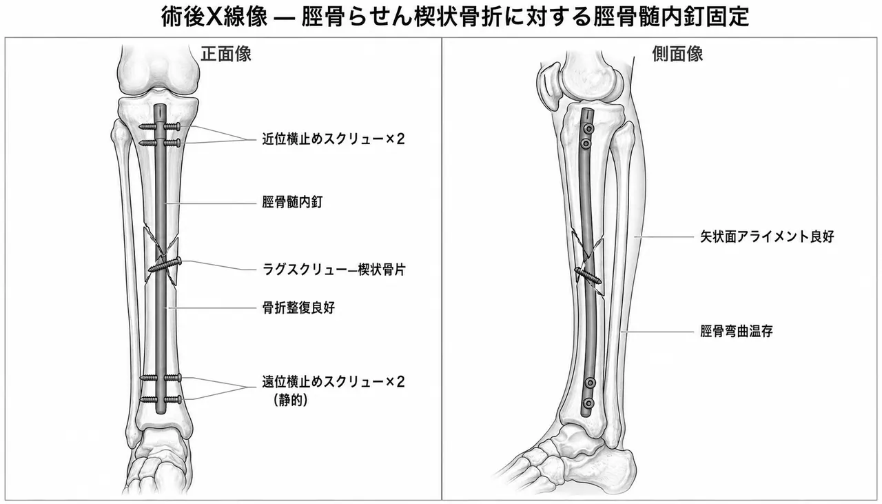 術後X線像（正面/側面）— 脛骨髄内釘＋楔状骨片ラグスクリュー＋静的ロッキング（遠位2本・近位2本）