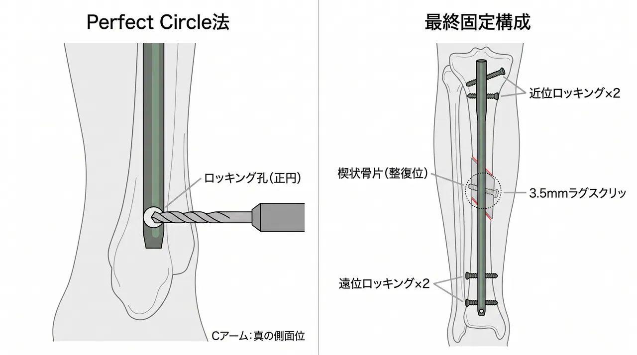 遠位ロッキング（perfect circle法）＋楔状骨片補助固定後の全体像