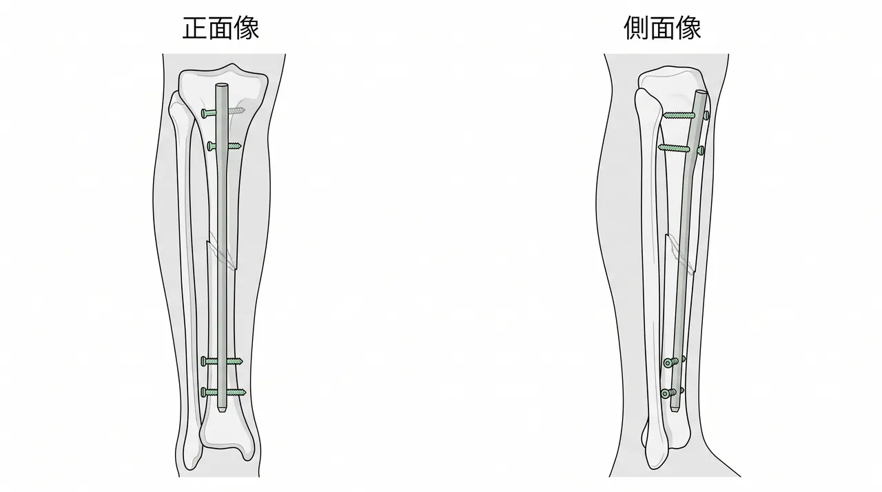 術後X線像（正面/側面）— 脛骨髄内釘＋静的ロッキング（楔状骨片の整復確認）