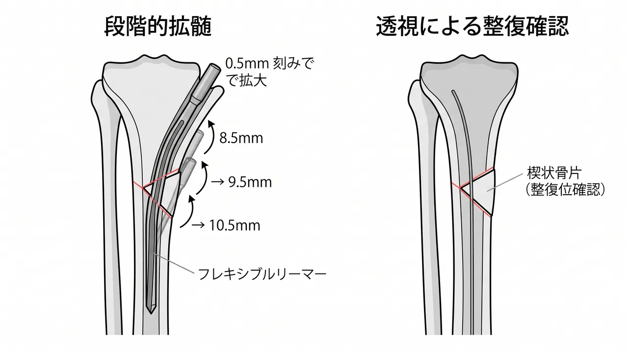 リーミング — 段階的拡髄（8.5mmから開始）＋楔状骨片の整復確認