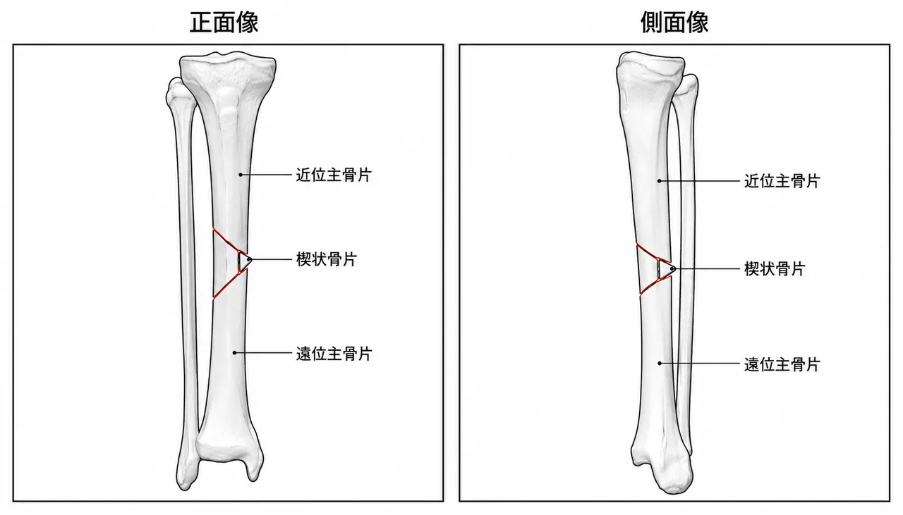 X線像（AP/側面） — 脛骨骨幹部楔状骨折パターン（42-B2）