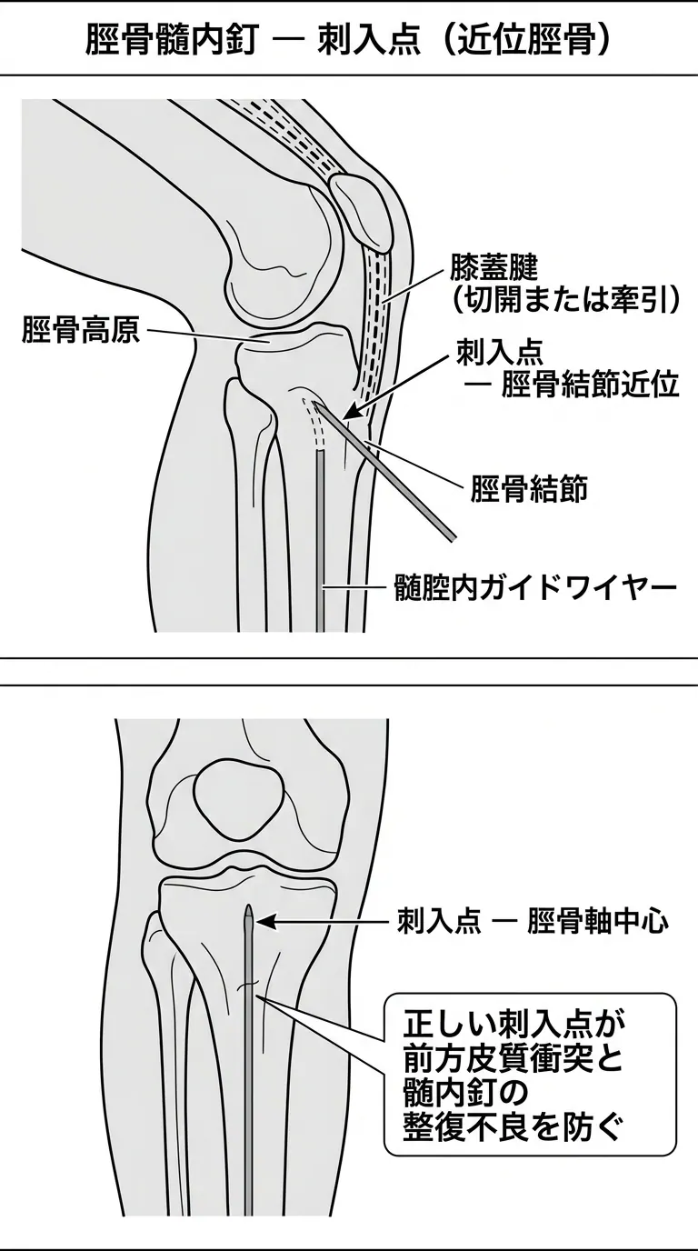 エントリーポイント — 膝蓋腱内側傍または髄腔上方（透視確認）