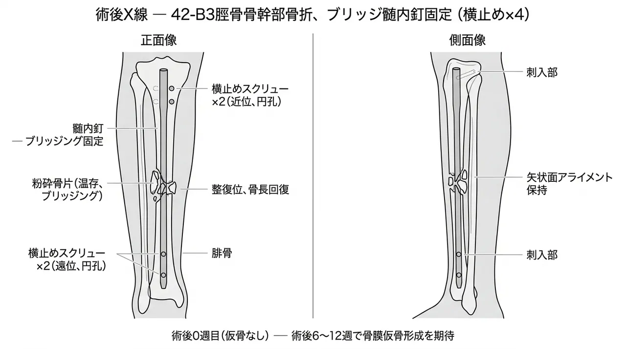 術後X線像（正面/側面）— 髄内釘＋静的ロッキング4本によるブリッジ固定（粉砕部を橋渡し）
