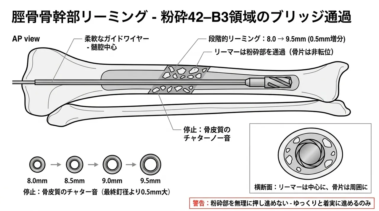 リーミング（段階的拡髄）— 粉砕部を通過・骨片に触れない