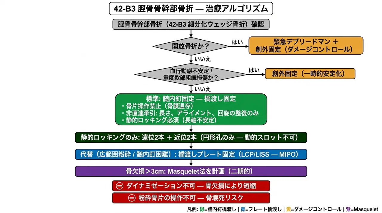治療選択アルゴリズム — 粉砕楔型・ブリッジ固定・静的ロッキング必須