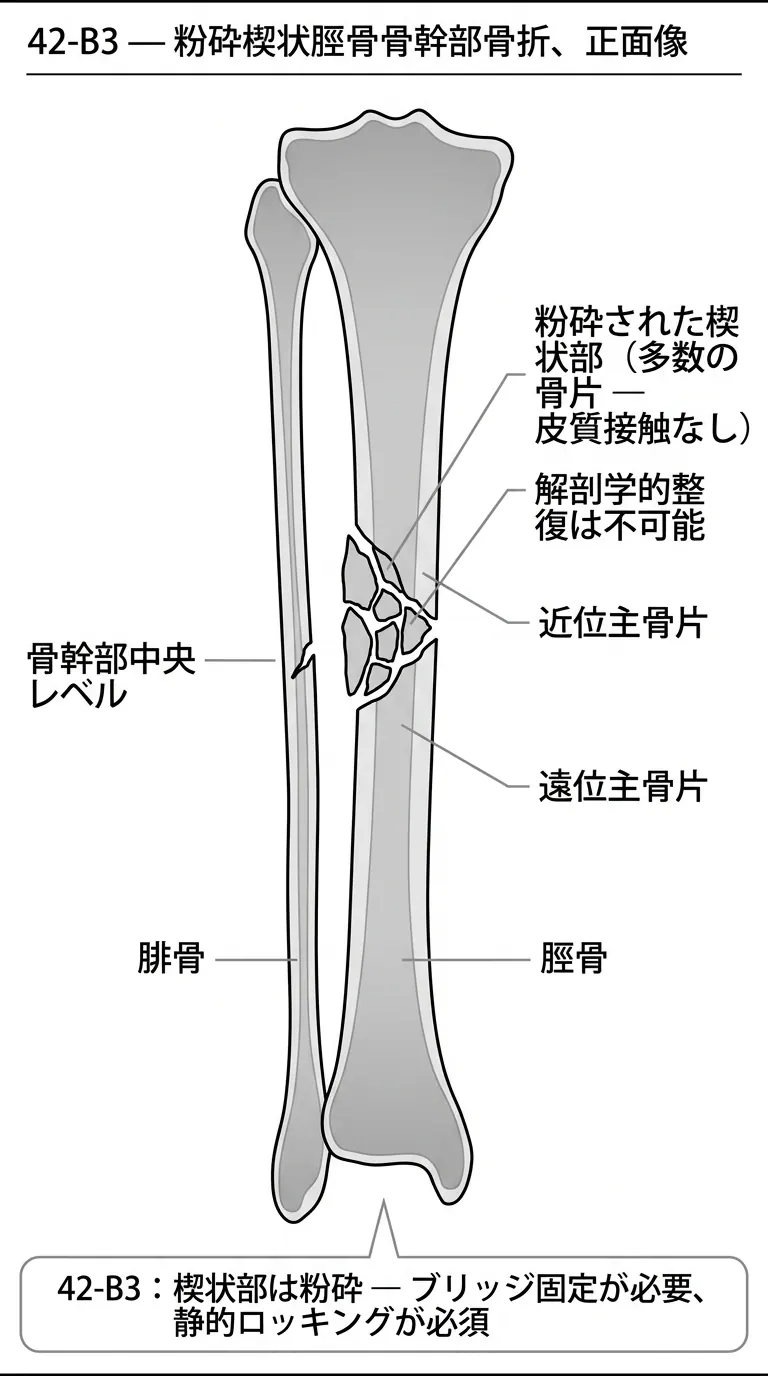 X線正面像 — 脛骨骨幹部粉砕楔状骨折パターン（楔状部の複数骨片・骨欠損）