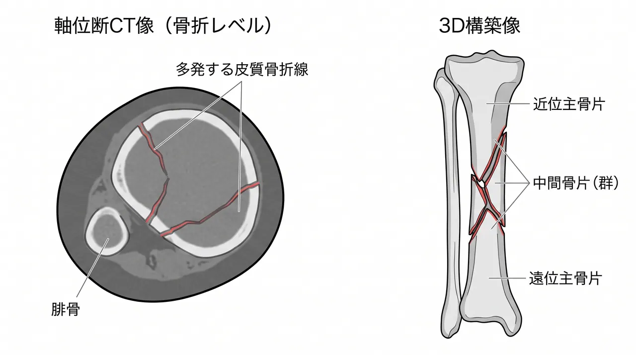 CT所見 — 中間骨片（butterfly fragment）と骨折パターン全体の把握