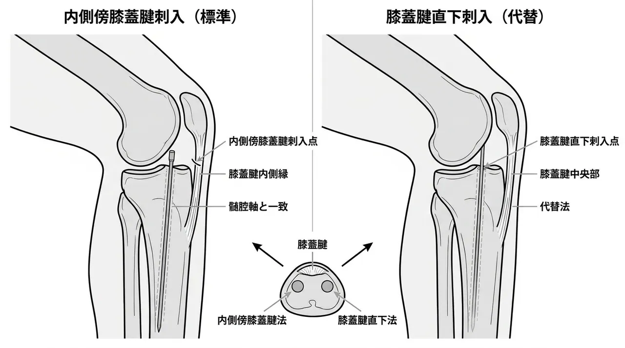 エントリーポイント — 脛骨粗面内側（膝蓋靱帯内側エントリー）