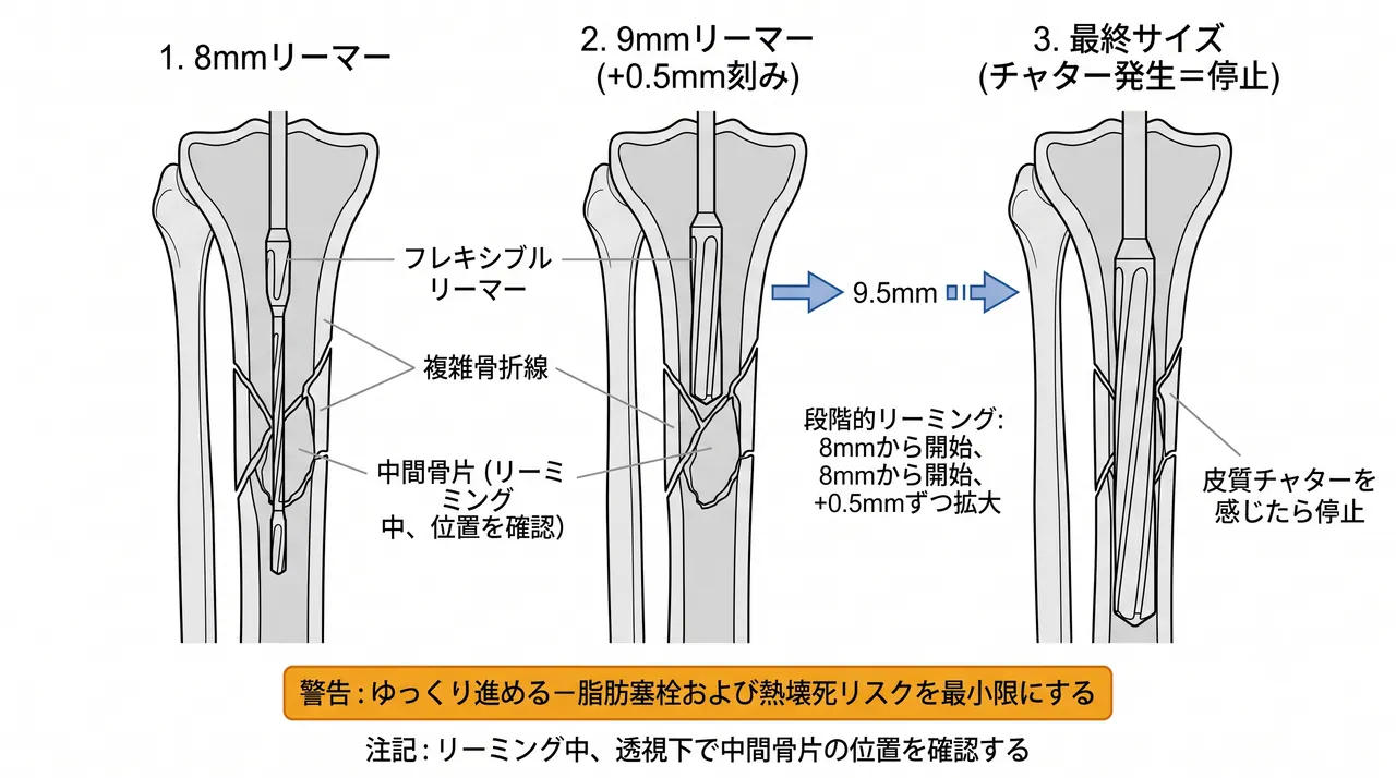 リーミング（段階的拡髄）— 8mmから0.5mm刻み、チャター感で停止