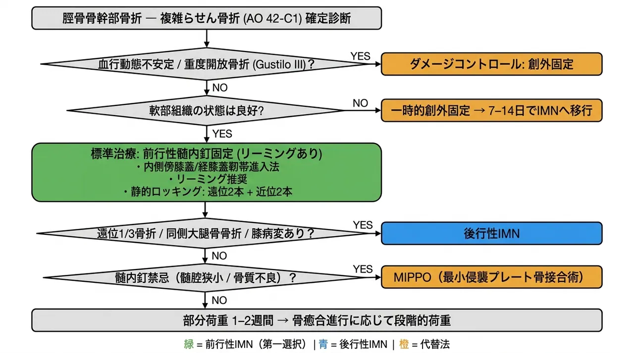 治療選択アルゴリズム — 順行性IM釘（第一選択）→逆行性IM釘→創外固定→MIPPO
