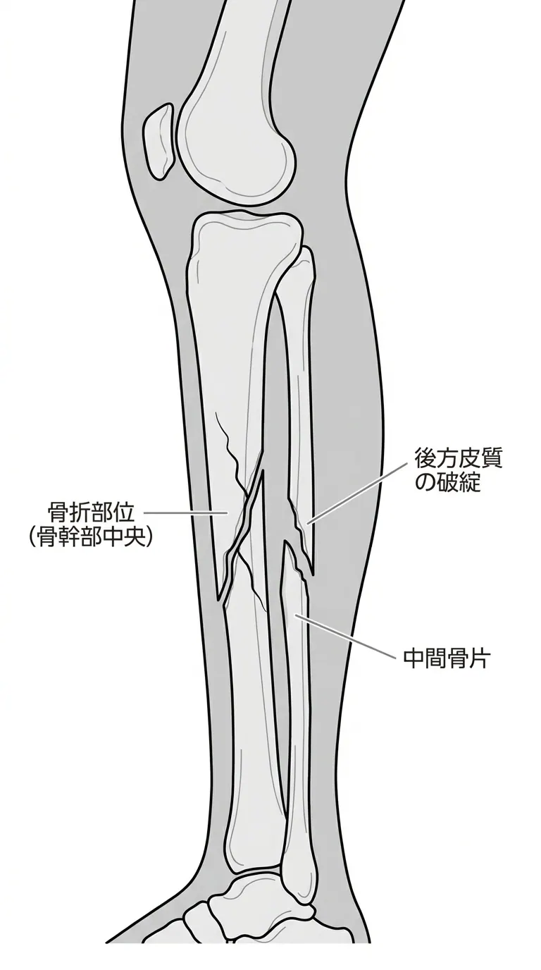 X線側面像 — 骨折部の変位・短縮・後方皮質断裂を確認