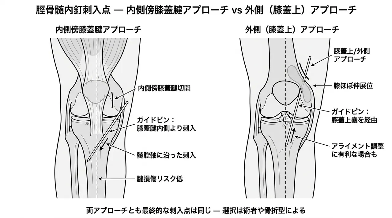 エントリーポイント — 膝蓋腱内側（半伸展位）または膝蓋腱外側アプローチ。脛骨近位エントリーの透視ガイド下確認