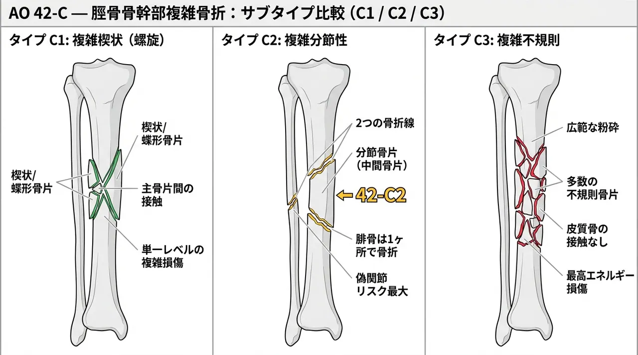 骨折パターン分類 — 42-C1（複雑螺旋型）vs 42-C2（複雑分節型）vs 42-C3（複雑不規則粉砕型）比較