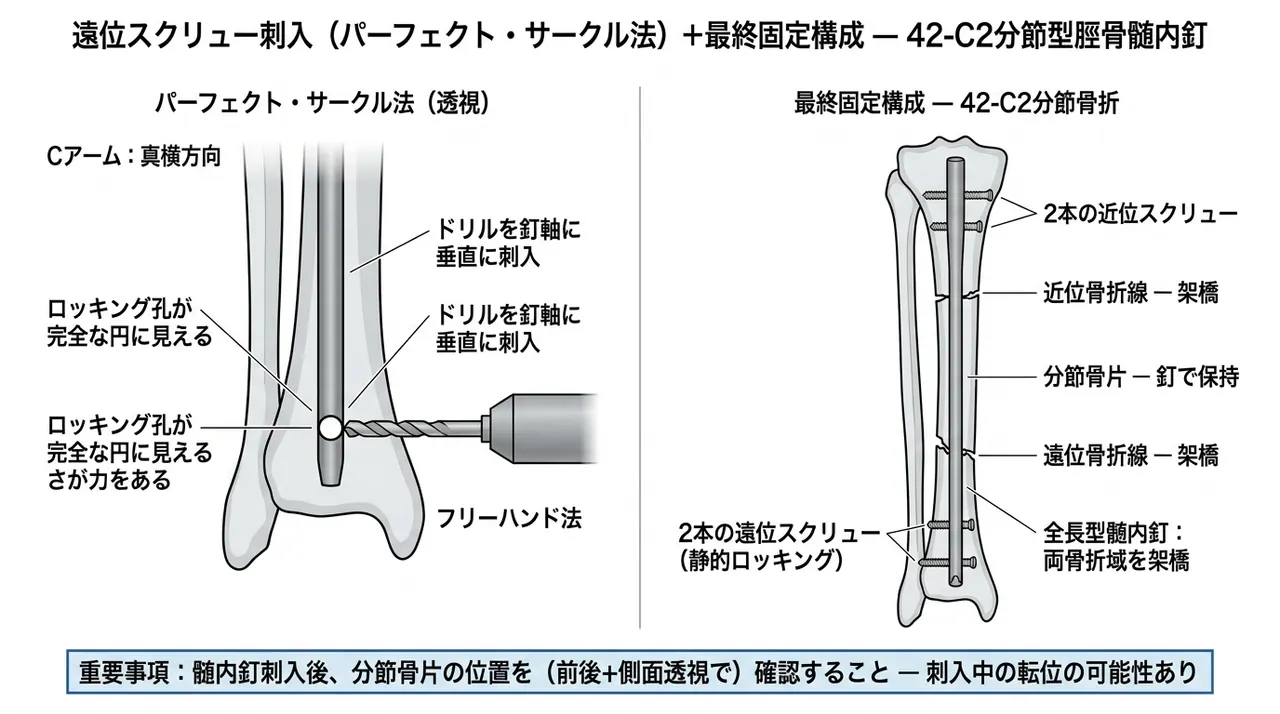 遠位ロッキング（perfect circle法）＋ 分節骨折全体を架橋する最終固定構成