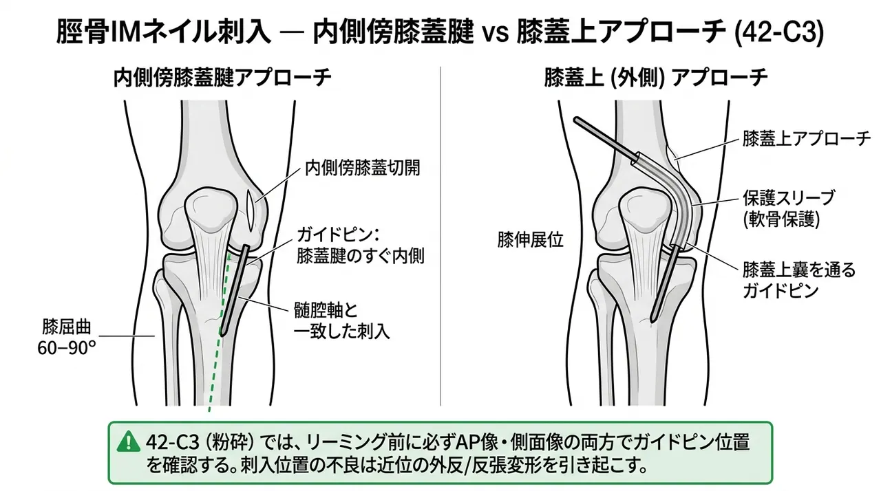 エントリーポイント — 膝蓋腱内側（半伸展位）または膝蓋腱外側アプローチ