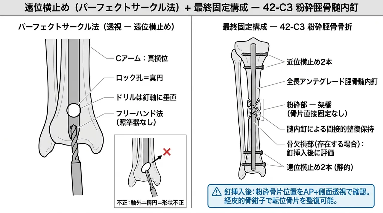 遠位ロッキング（perfect circle法）＋ 全粉砕域を架橋する最終固定構成