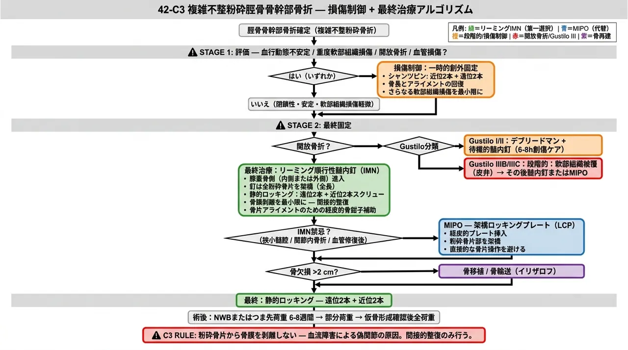 治療選択アルゴリズム — 42-C3不規則粉砕型脛骨骨幹部骨折の段階的治療フロー