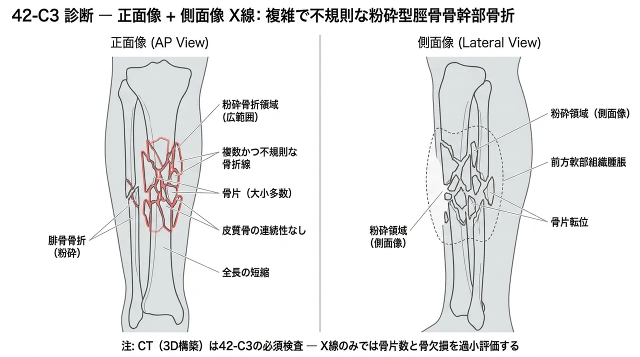 X線AP像・側面像 — 脛骨骨幹部不規則粉砕骨折（多数骨片・不規則骨折線・高度変位）