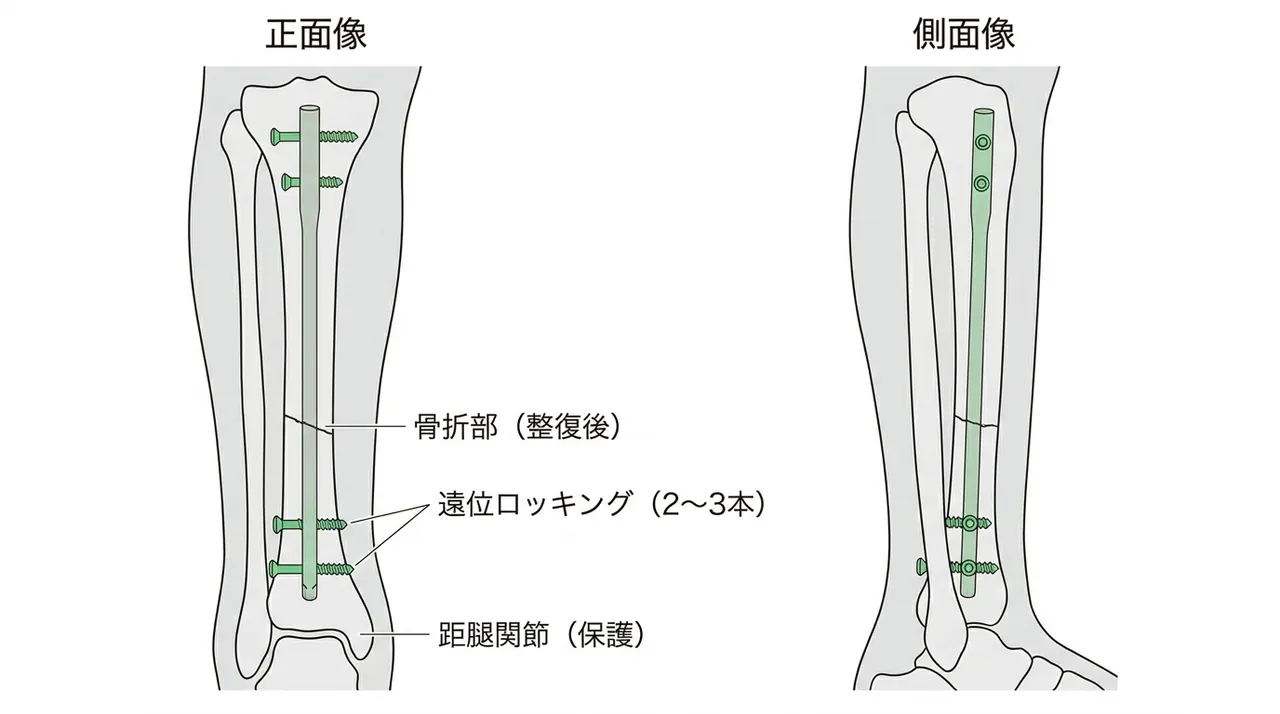 IMN — 脛骨近位エントリーポイント・遠位多方向ロッキングスクリュー配置（術中透視正面・側面）