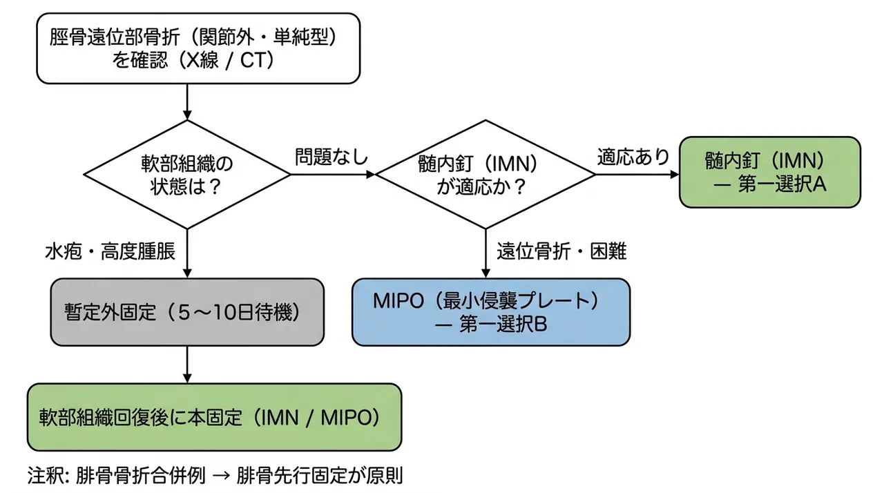 治療選択アルゴリズム — 43-A1関節外単純型・IMN vs MIPO の選択基準