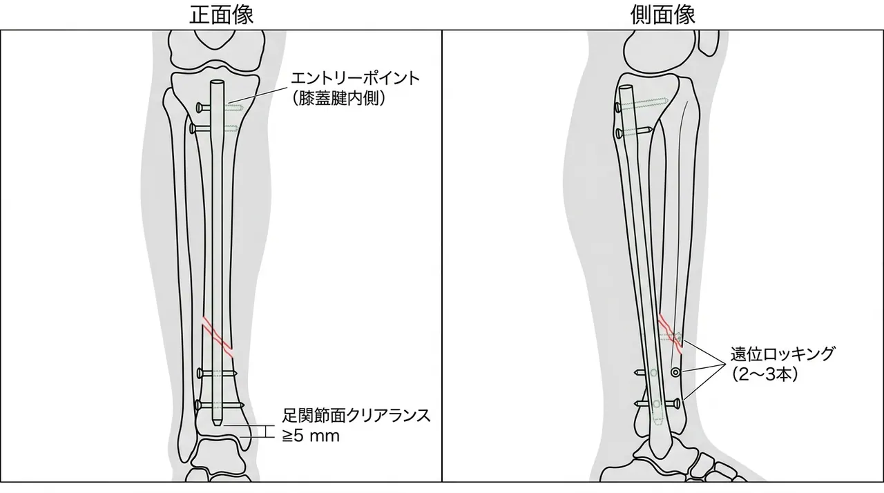 エントリーポイントおよび遠位ロッキングスクリュー配置 — 術中透視正面・側面