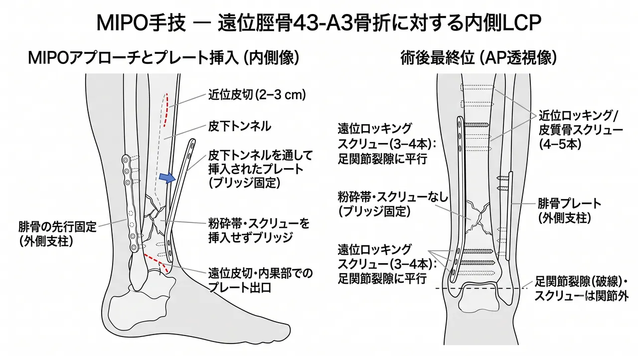 MIPO法 — 内側小切開・皮下トンネルにプレート挿入・遠位LCPスクリュー配置（術中透視AP/側面）
