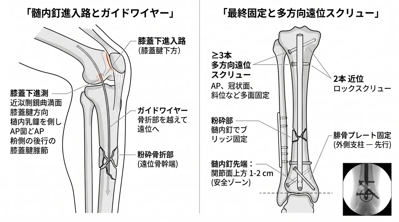 遠位脛骨髄内釘 — エントリーポイント・遠位多方向ロッキングスクリュー・骨折端の整復保持（術中透視）